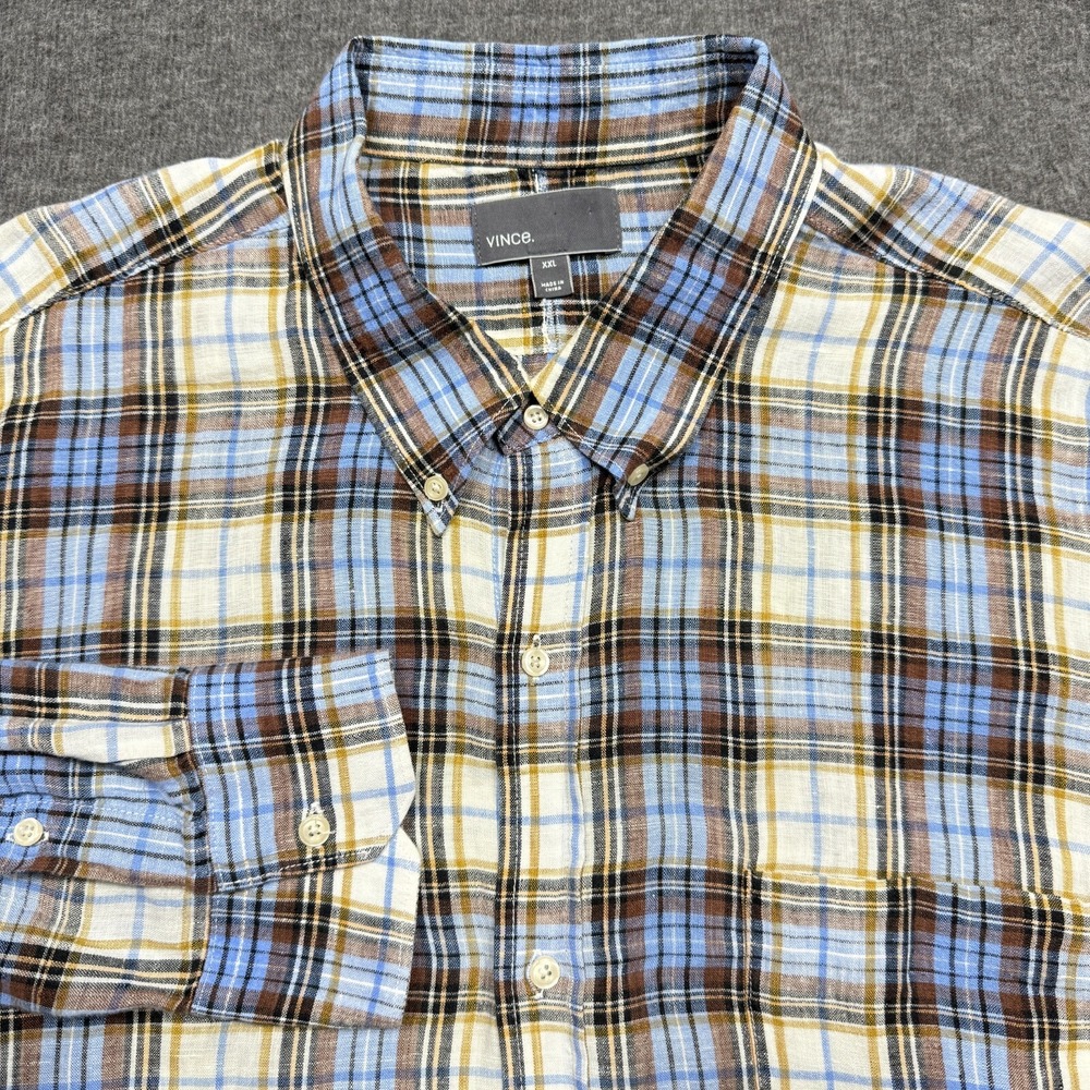 Vince Shirt‎ Mens XXL Blue Brown Plaid Linen Long Sleeve Lightweight Button Down